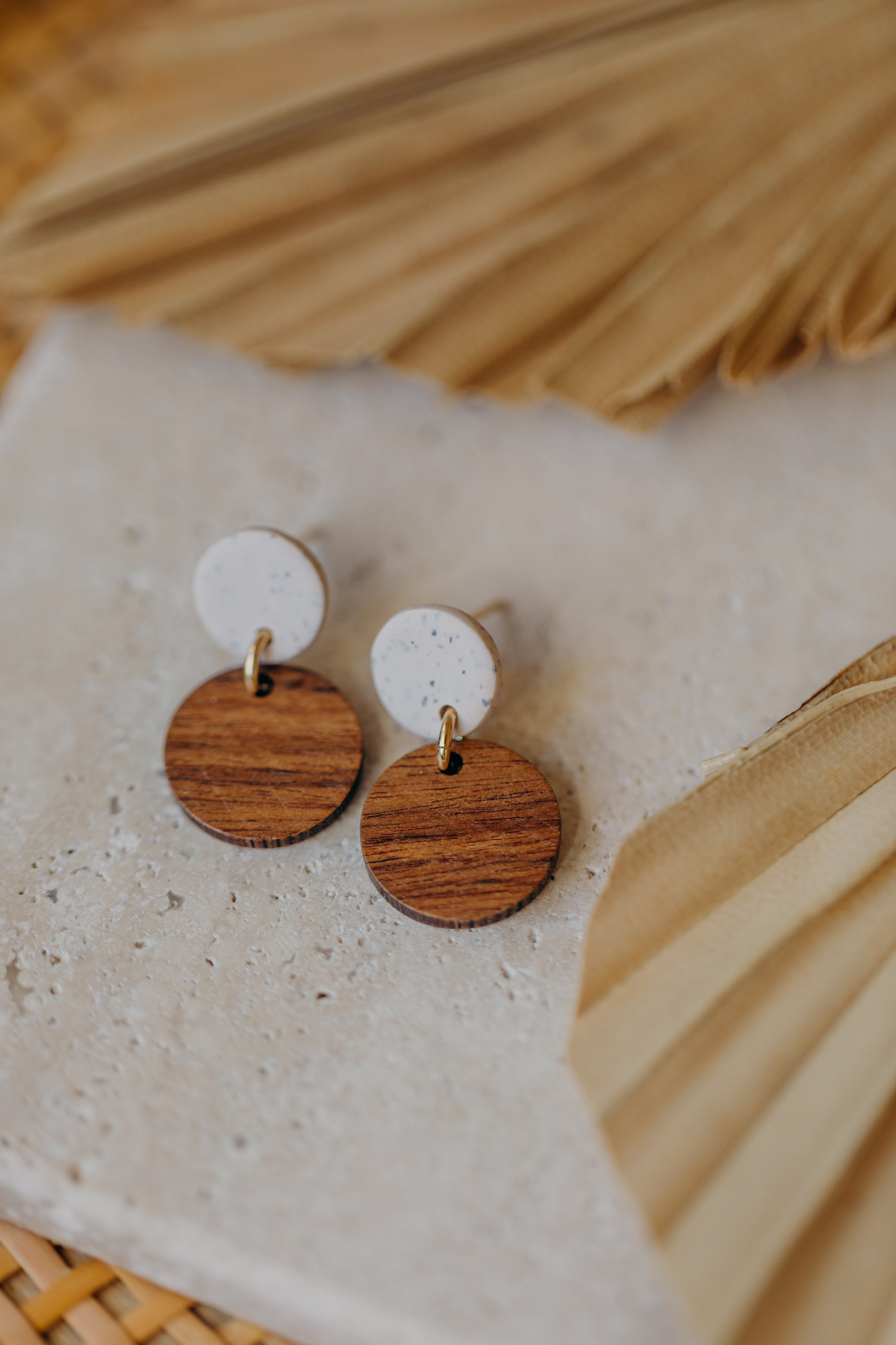 round lime colored polymer clay earrings with round wooden pendant