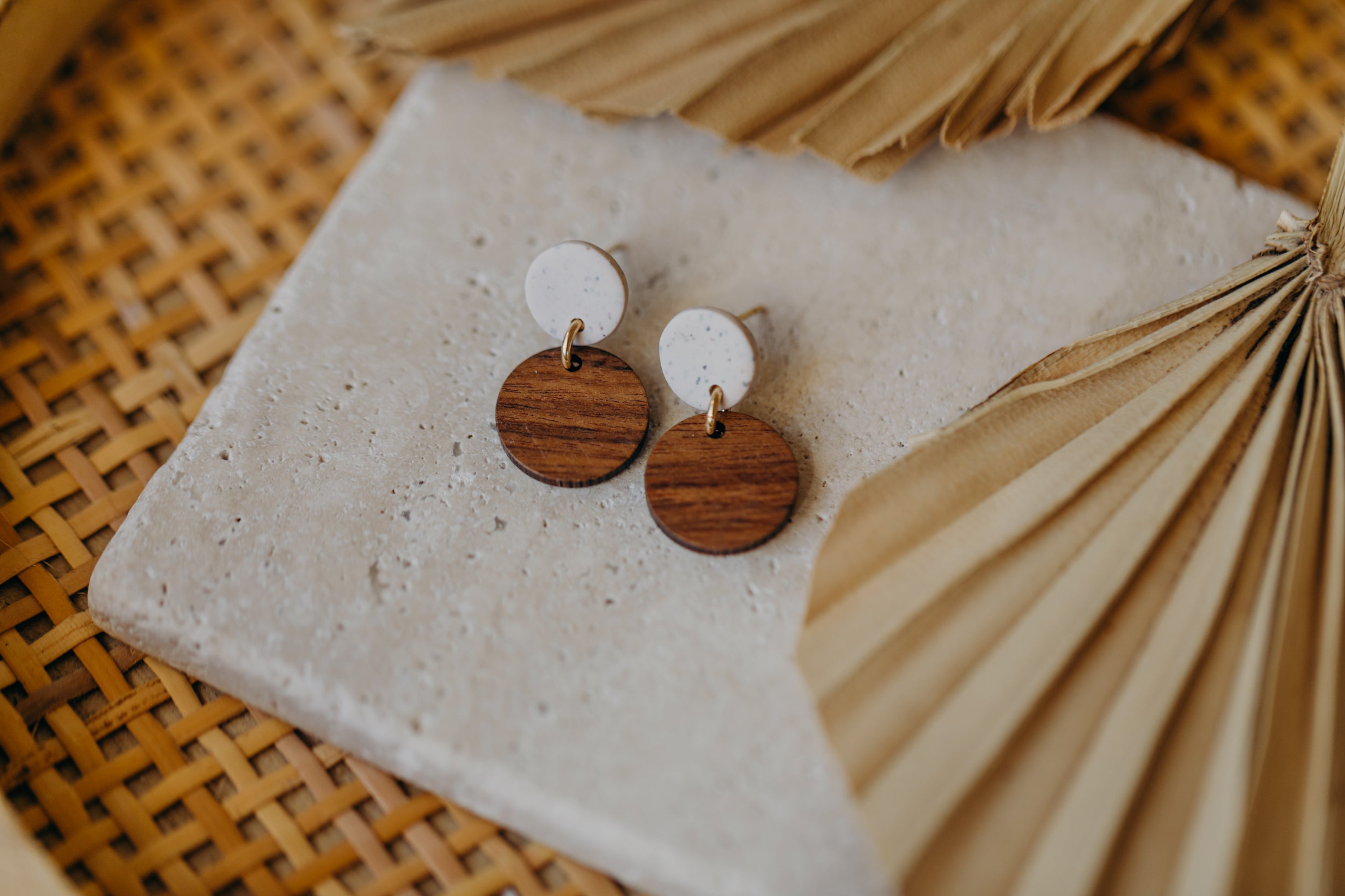 round lime colored polymer clay earrings with round wooden pendant