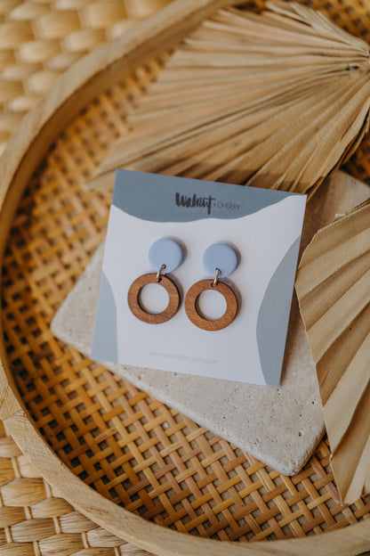 round polymer clay earrings in pastel blue with wooden pendant small circle