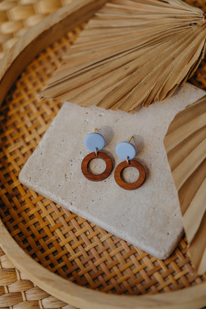 round polymer clay earrings in pastel blue with wooden pendant small circle