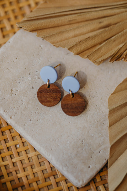 round pastel blue polymer clay earrings with round wooden pendant