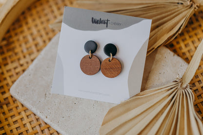 round black polymer clay earrings with round wooden pendant