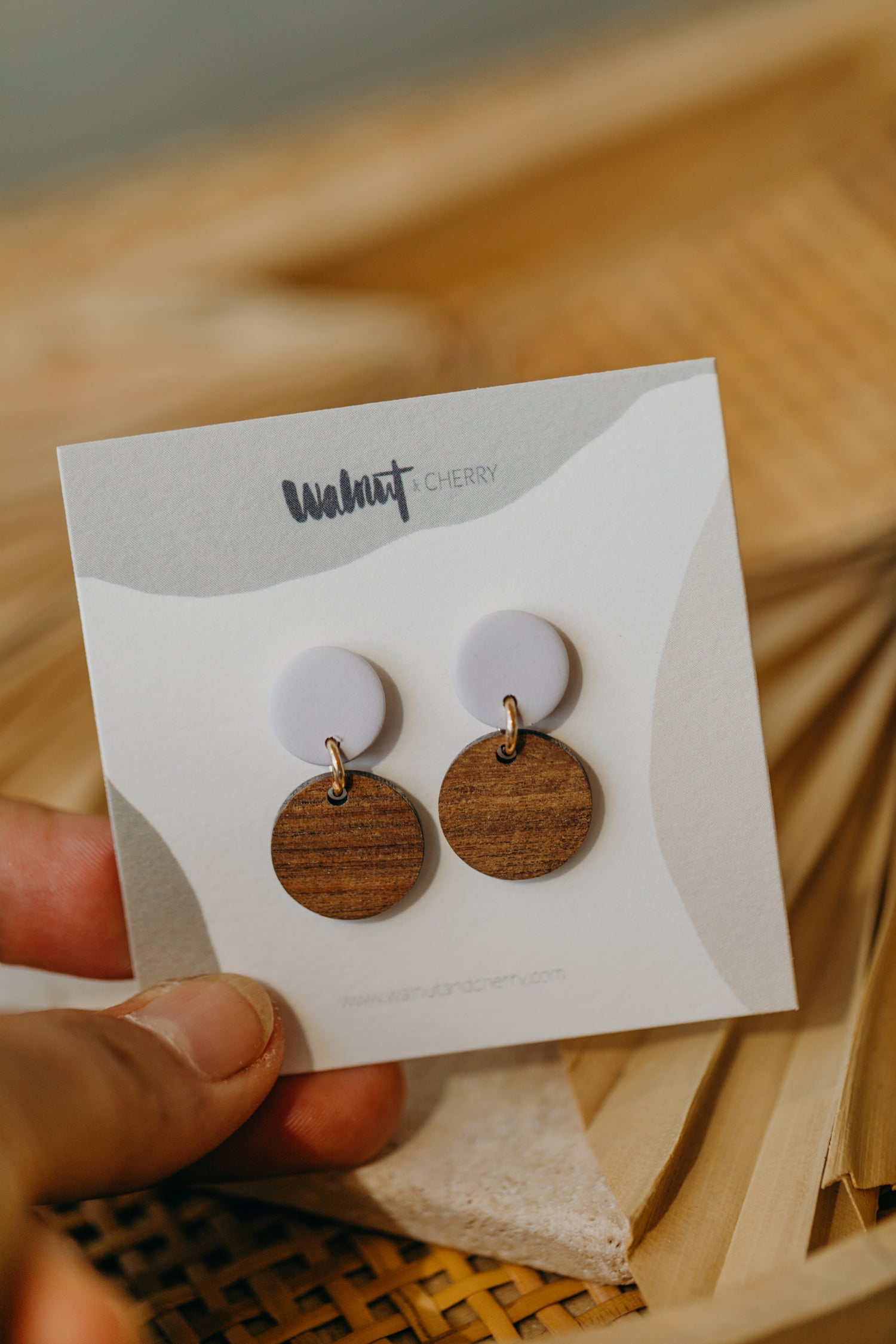 round polymer clay earrings in white with round wooden pendant