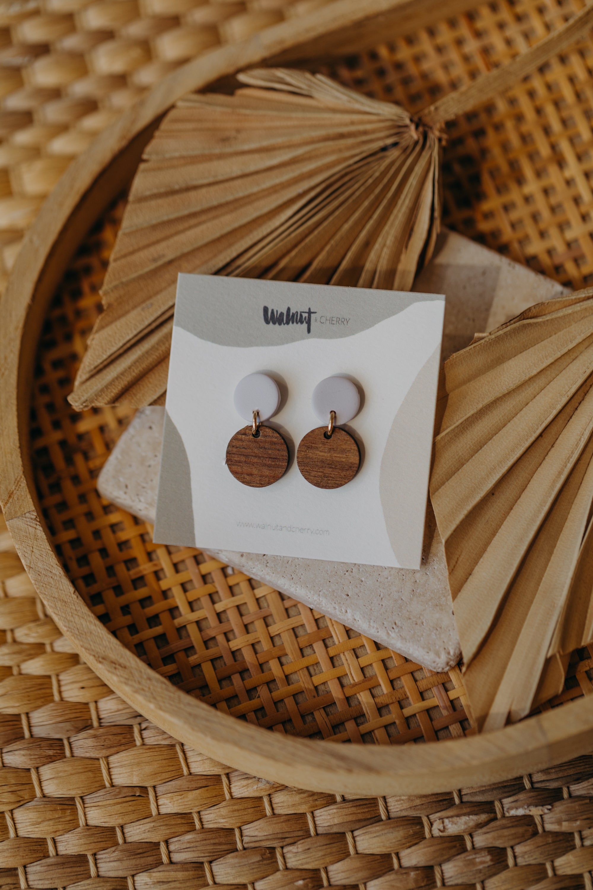 round polymer clay earrings in white with round wooden pendant