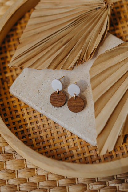 round polymer clay earrings in white with round wooden pendant