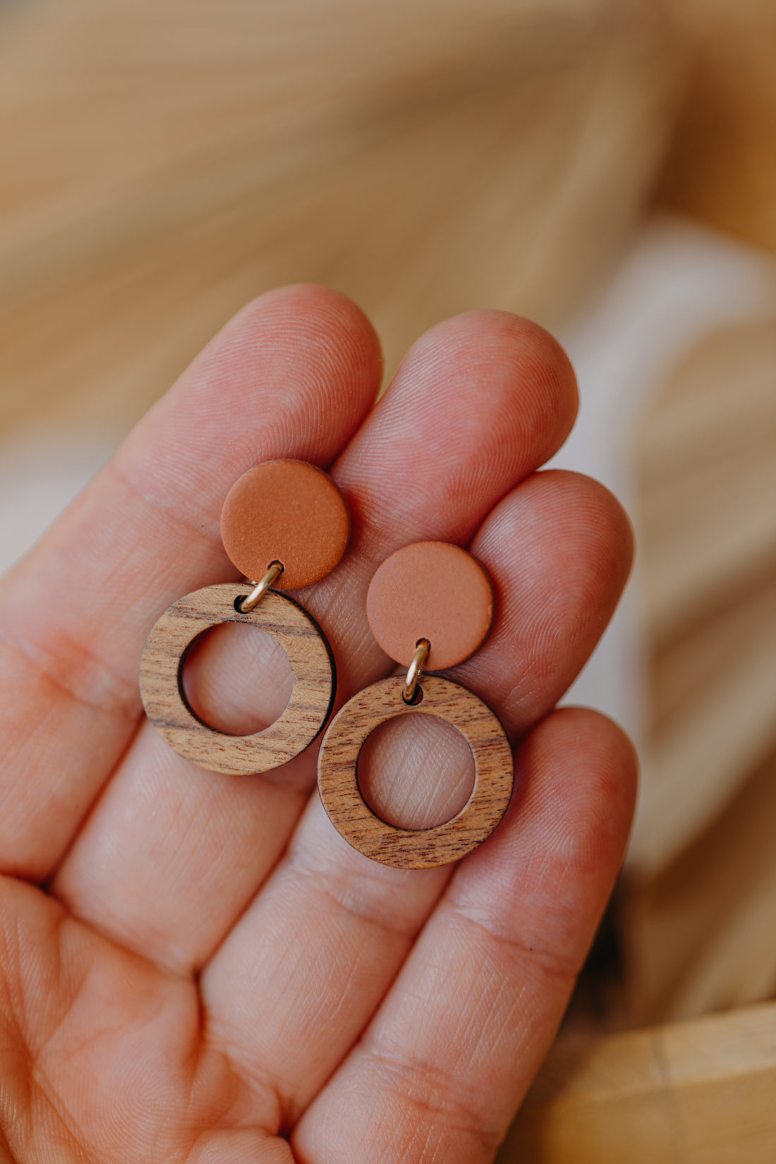 round polymer clay earrings in cinnamon with wooden pendant small circle