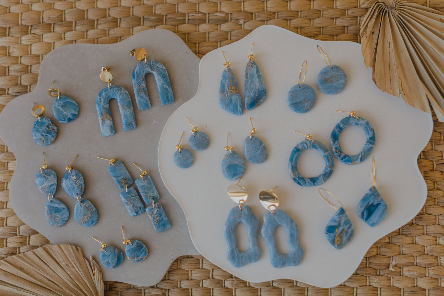 Hoop earrings with round polymer clay pendant and leaf