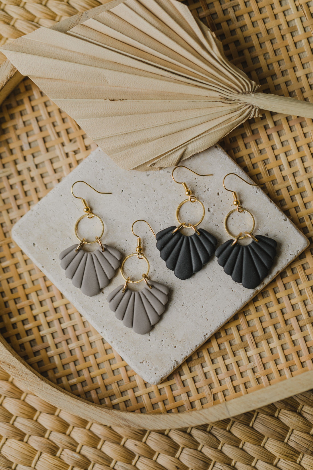 Hoop earrings with round polymer clay pendant and leaf