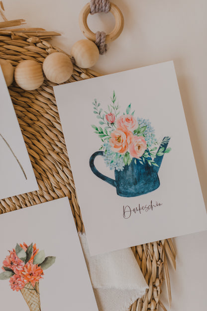 Postcard blue watering can with the print &quot;Thank you&quot;