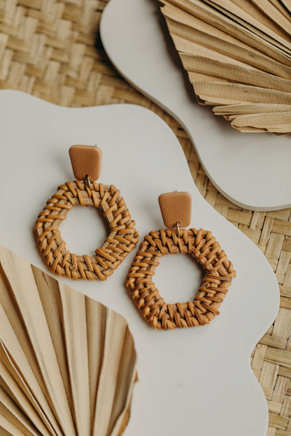 brown polymer clay earrings with rattan pendant hexagon