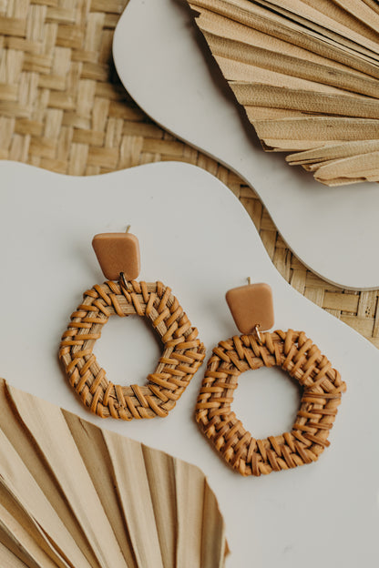 brown polymer clay earrings with rattan pendant hexagon