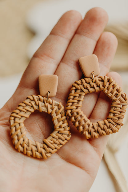 brown polymer clay earrings with rattan pendant hexagon