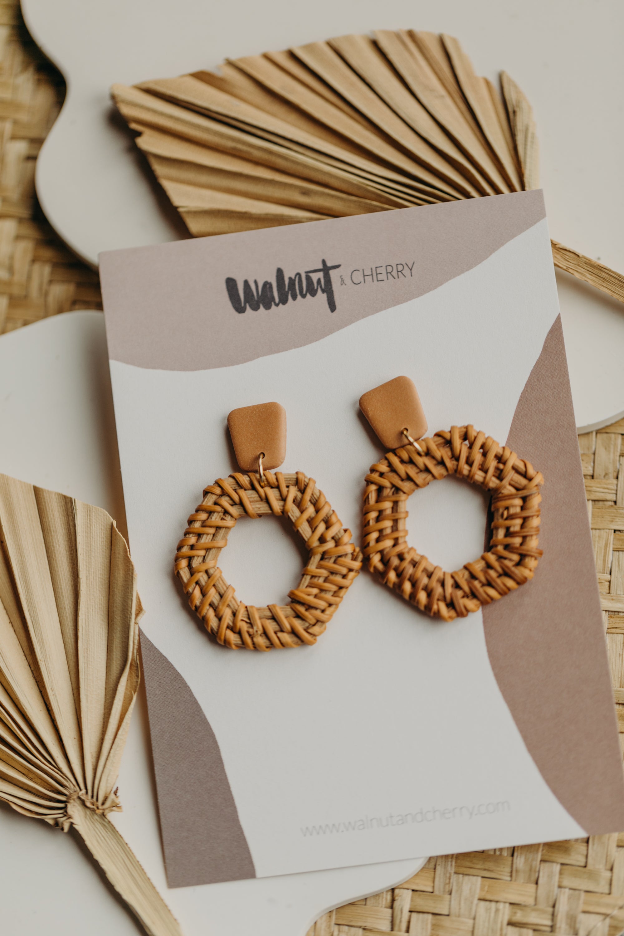 brown polymer clay earrings with rattan pendant hexagon