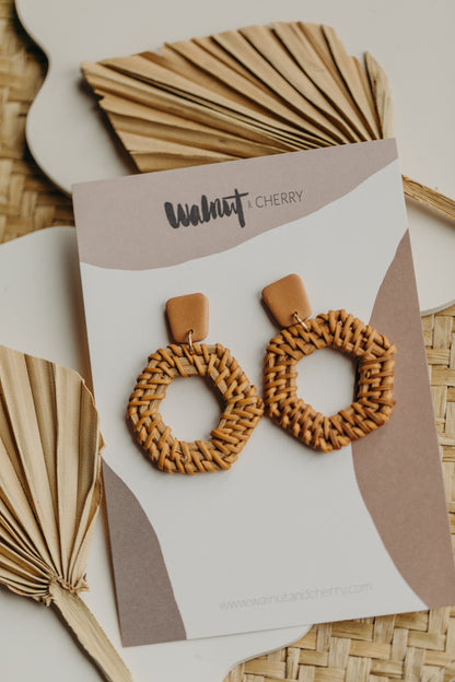 brown polymer clay earrings with rattan pendant hexagon