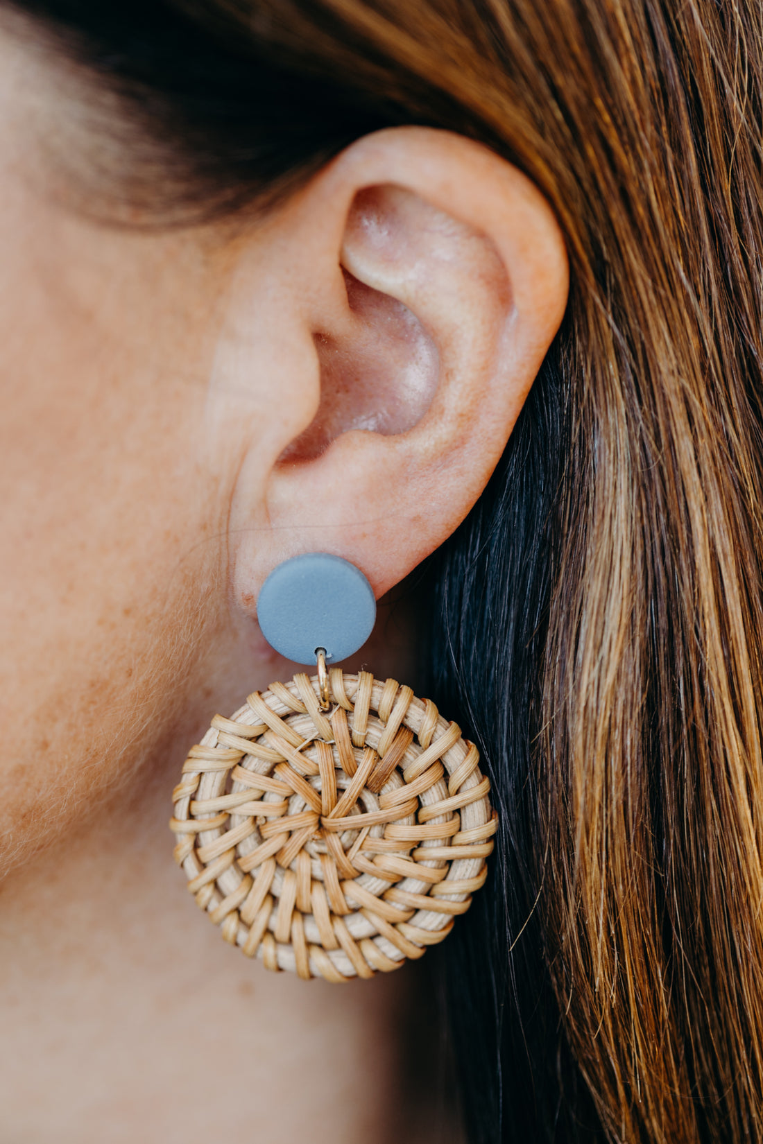 blue polymer clay earrings with round rattan pendant