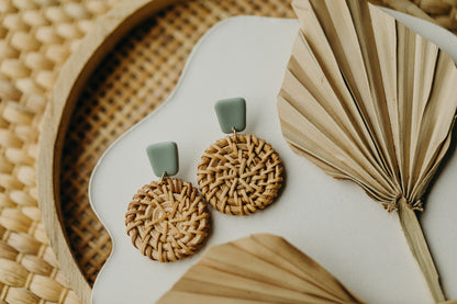 round polymer clay earrings in the color lime with round rattan pendant