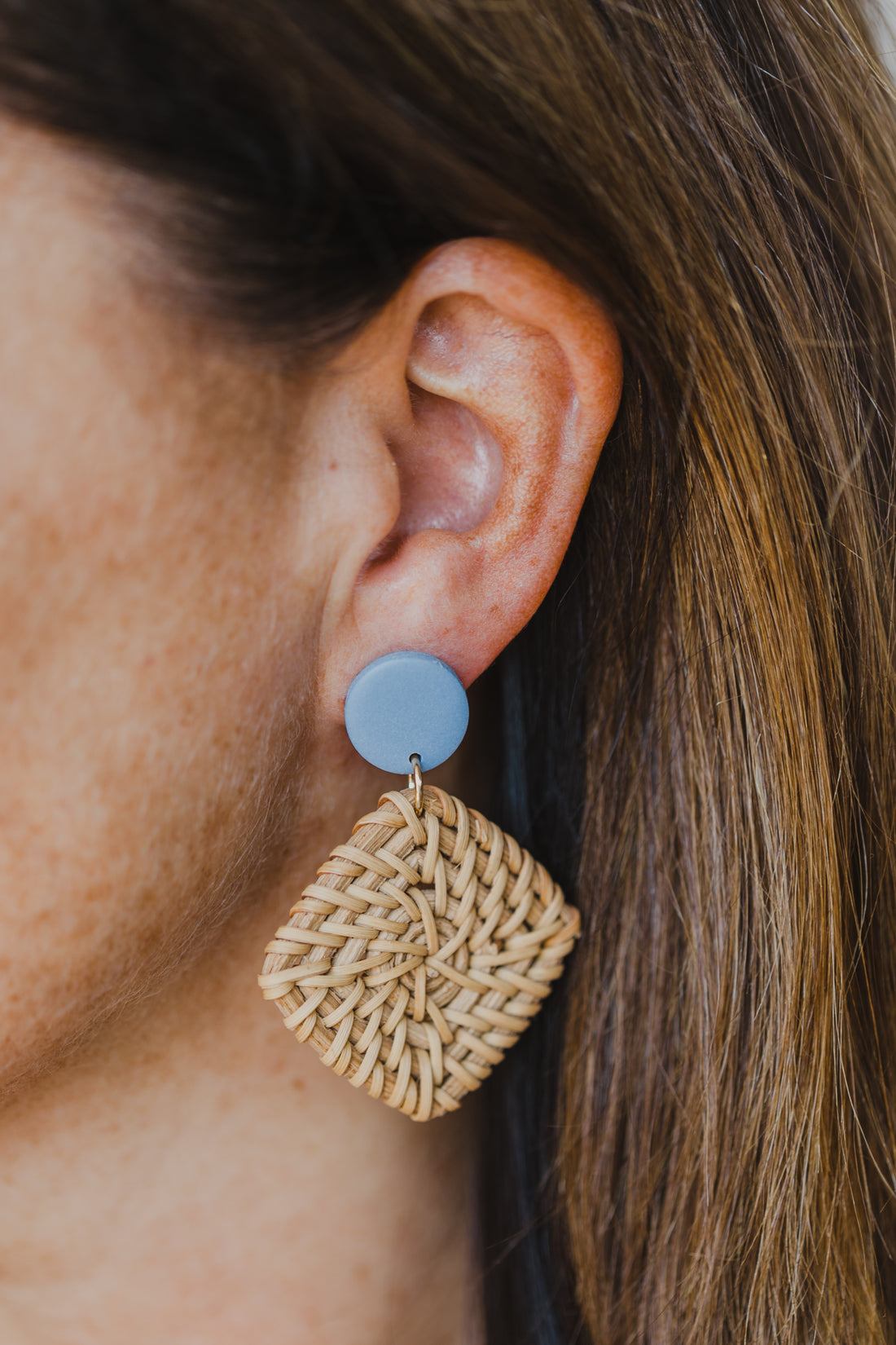 round polymer clay earrings in blue with rattan pendant square