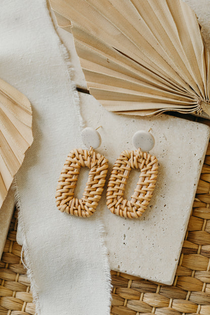 round polymer clay earrings in the color lime with rattan pendant rectangle