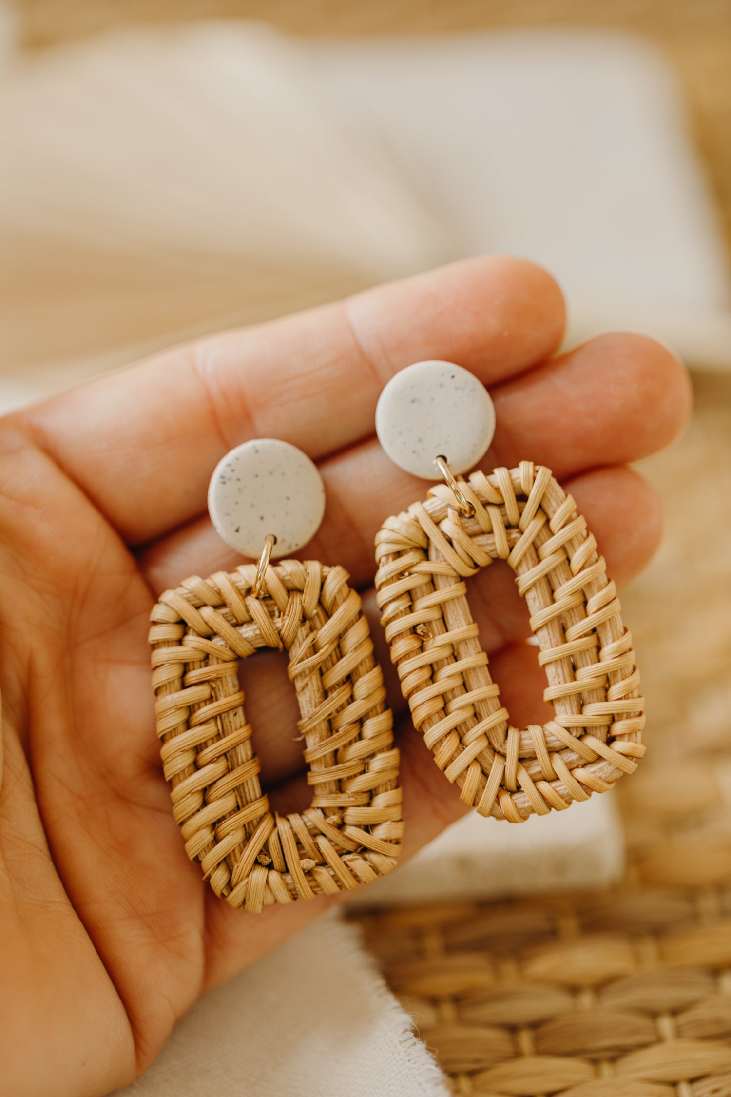 round polymer clay earrings in the color lime with rattan pendant rectangle