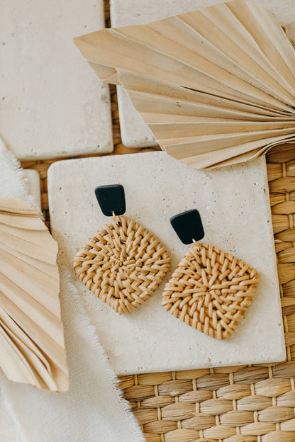 square polymer clay earrings in black with rattan pendant square