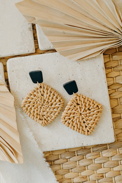 square polymer clay earrings in black with rattan pendant square