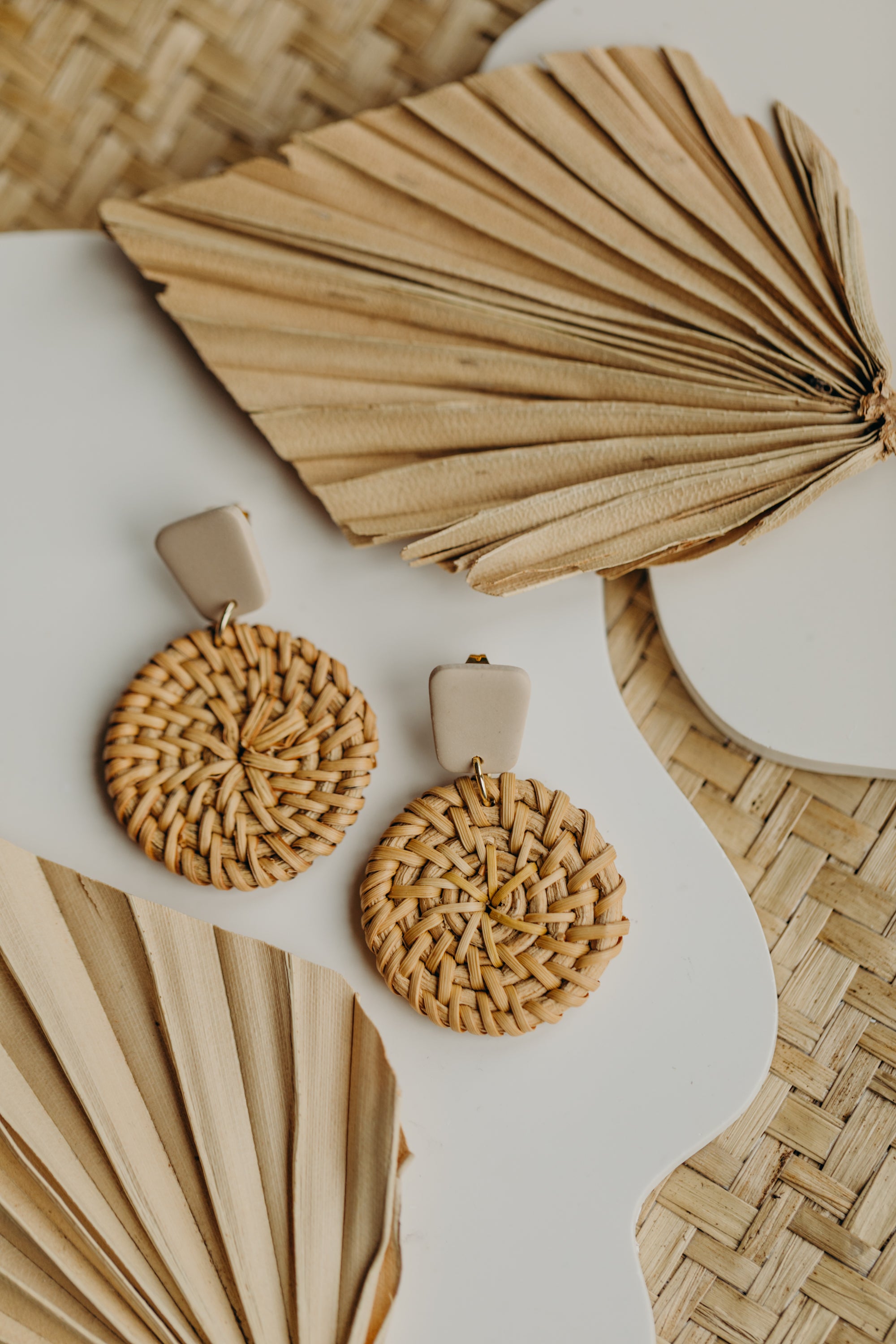 square yellow polymer clay earrings with round rattan pendant