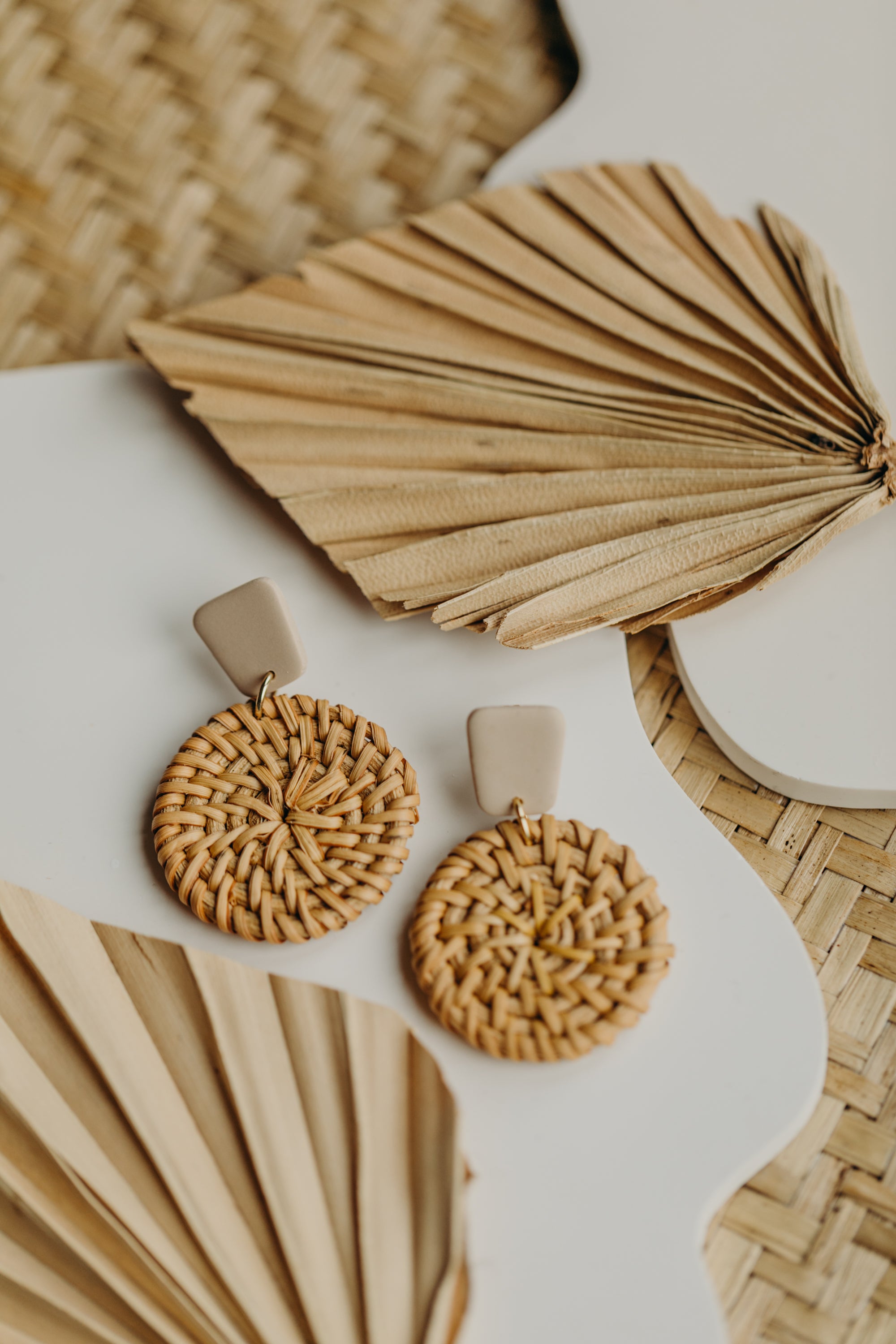 square yellow polymer clay earrings with round rattan pendant