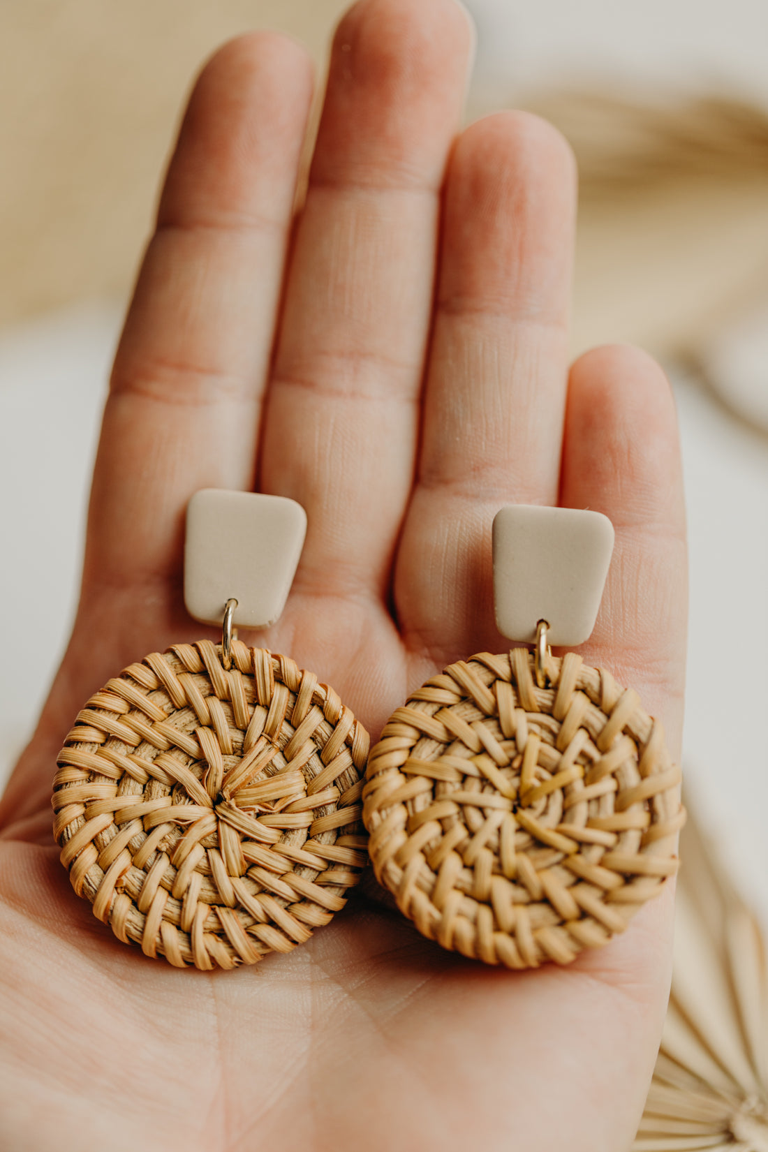 square yellow polymer clay earrings with round rattan pendant