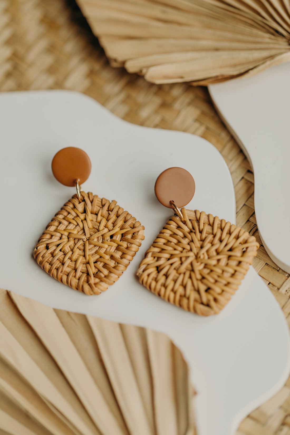 round polymer clay earrings in fuchsia with rattan pendant rectangle