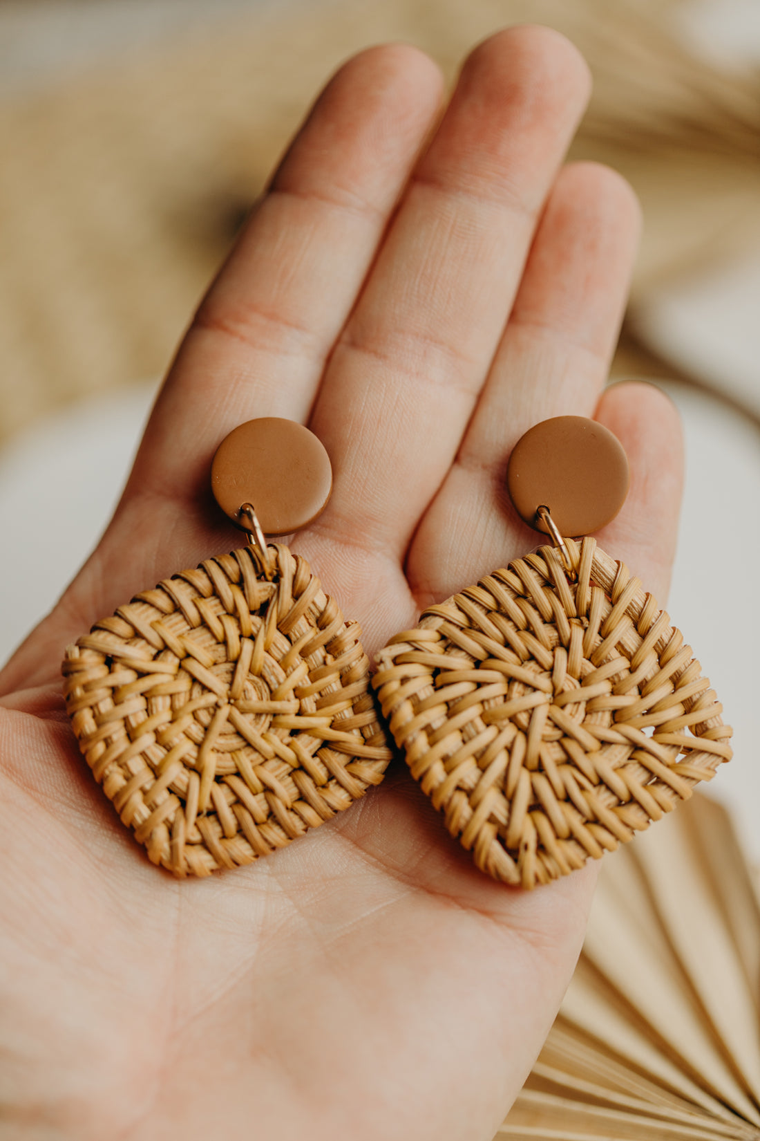 round polymer clay earrings in fuchsia with rattan pendant rectangle