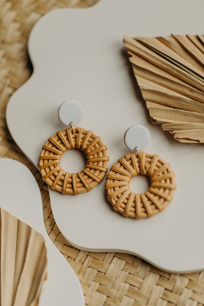 round polymer clay earrings in brown with rattan pendant circle