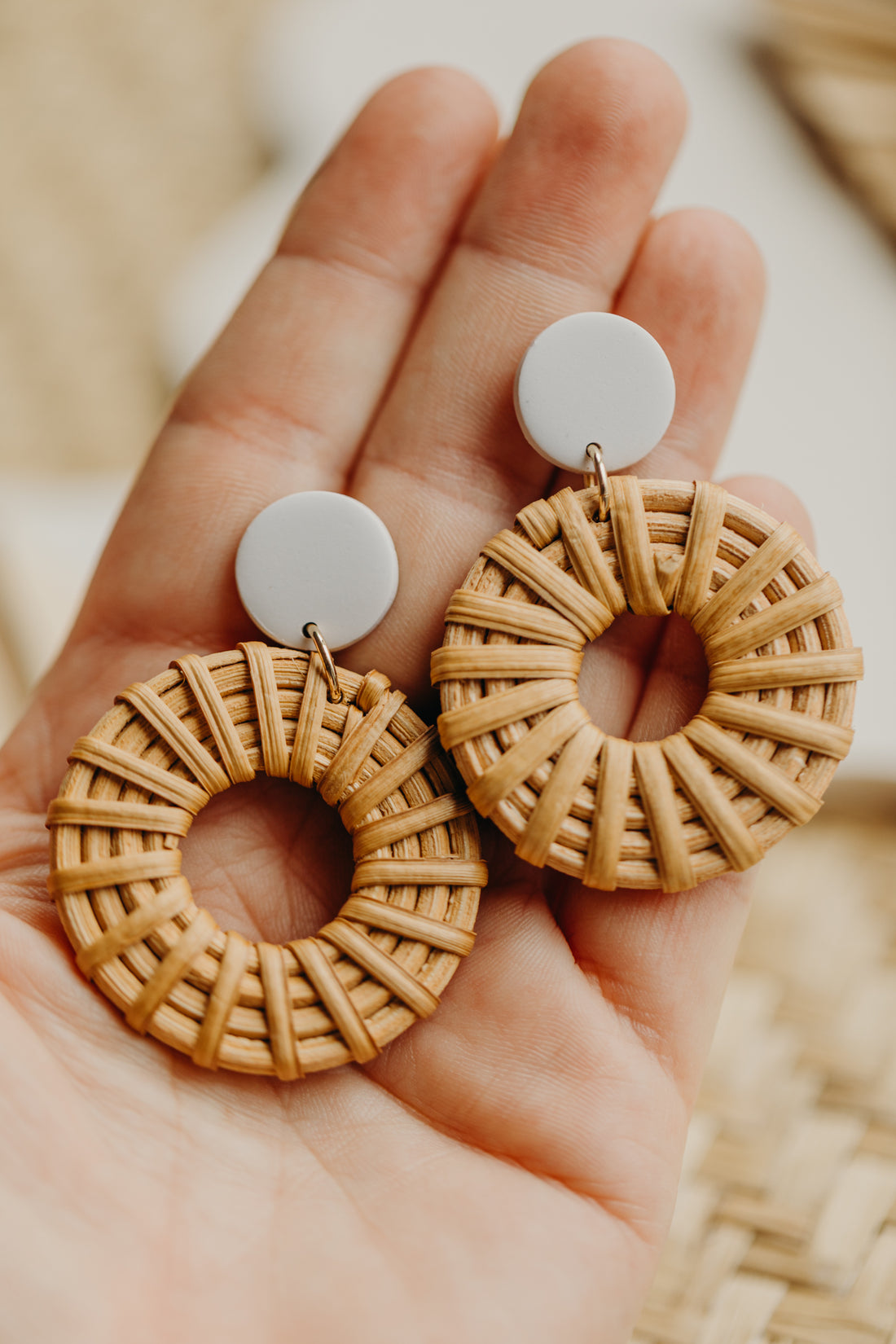 round polymer clay earrings in brown with rattan pendant circle