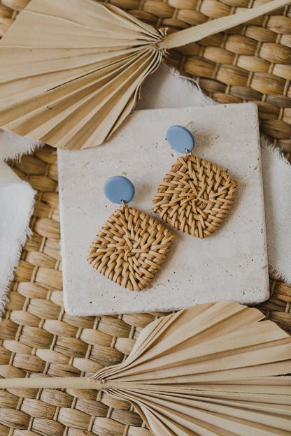 round polymer clay earrings in blue with rattan pendant square