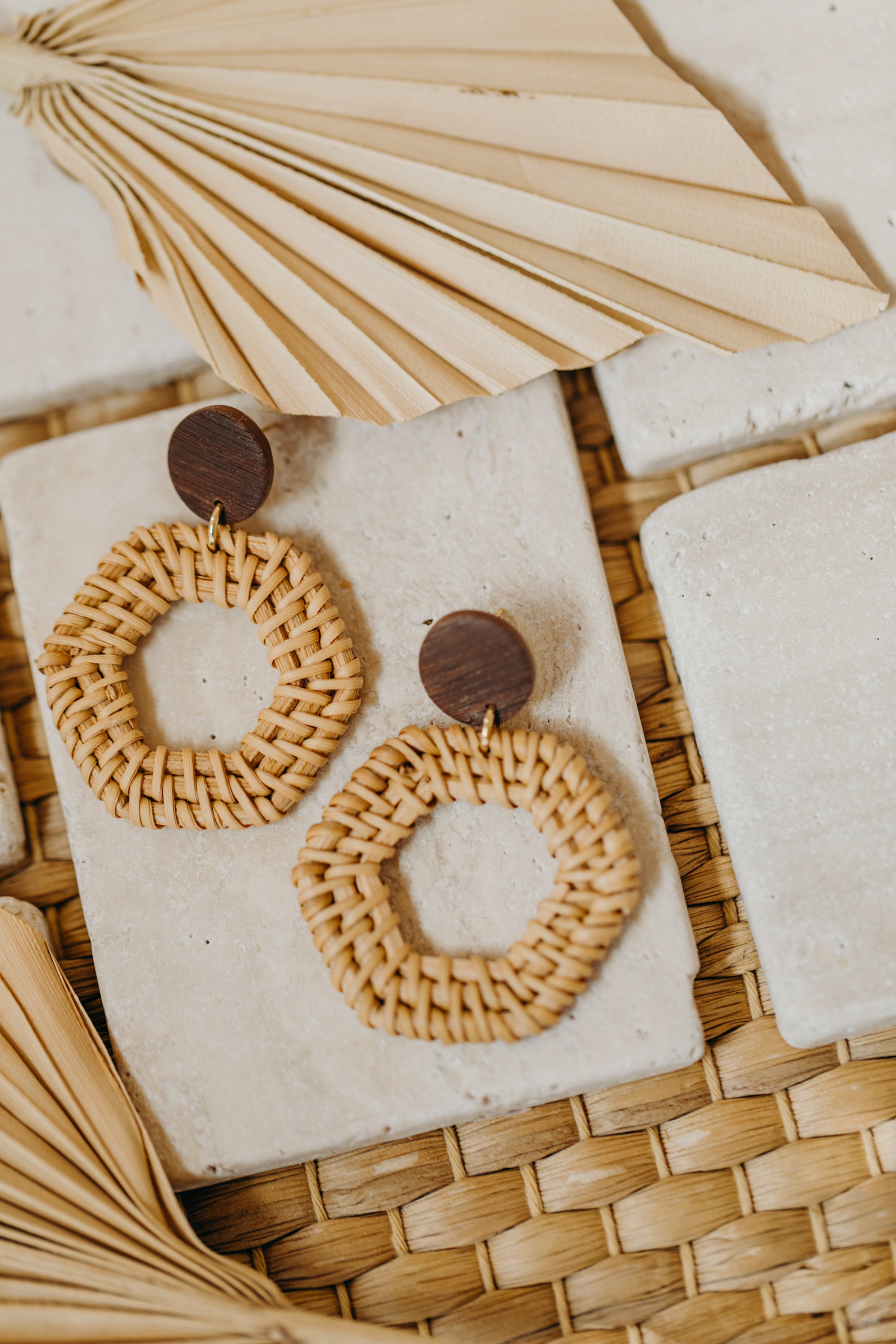 brown polymer clay earrings with rattan pendant hexagon