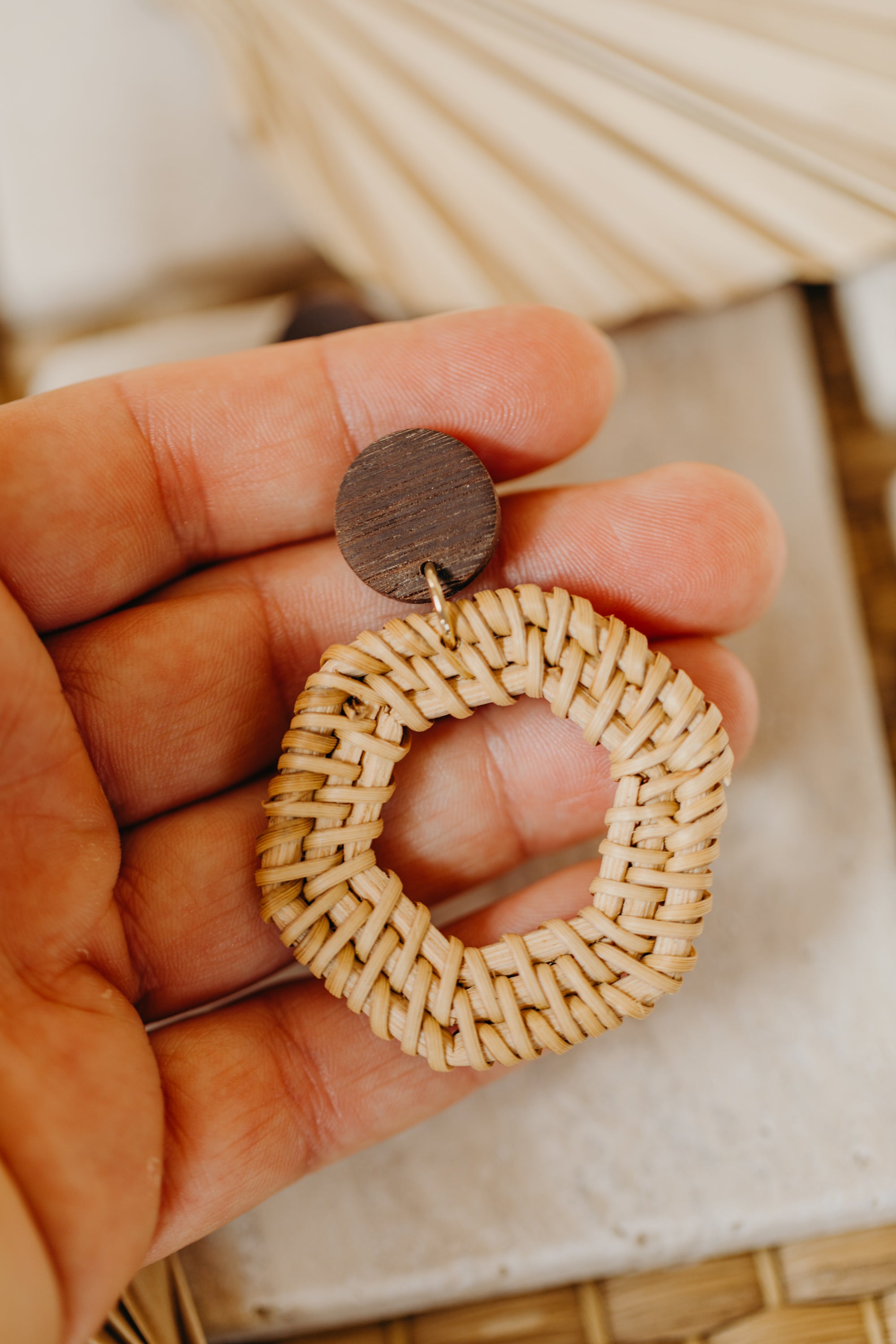 brown polymer clay earrings with rattan pendant hexagon