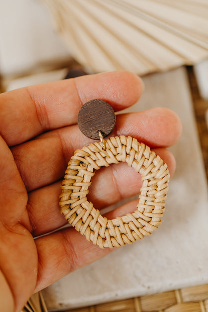 brown polymer clay earrings with rattan pendant hexagon