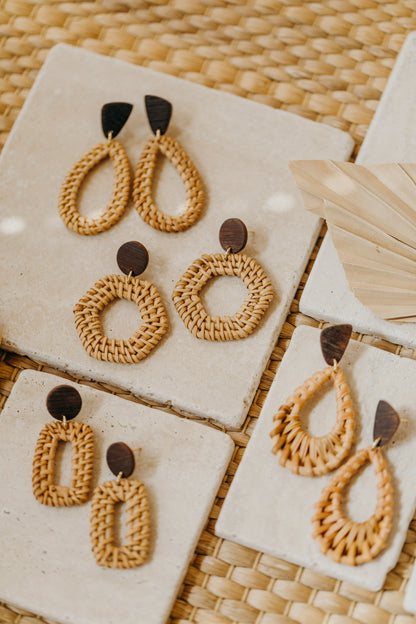 brown polymer clay earrings with rattan pendant hexagon