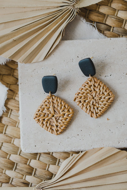 square polymer clay earrings in black with rattan pendant square