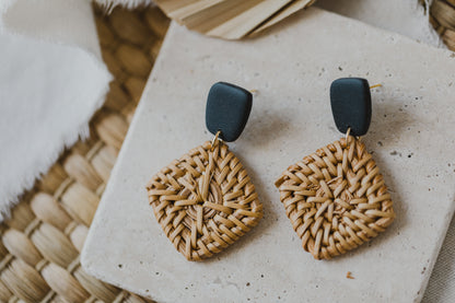 square polymer clay earrings in black with rattan pendant square