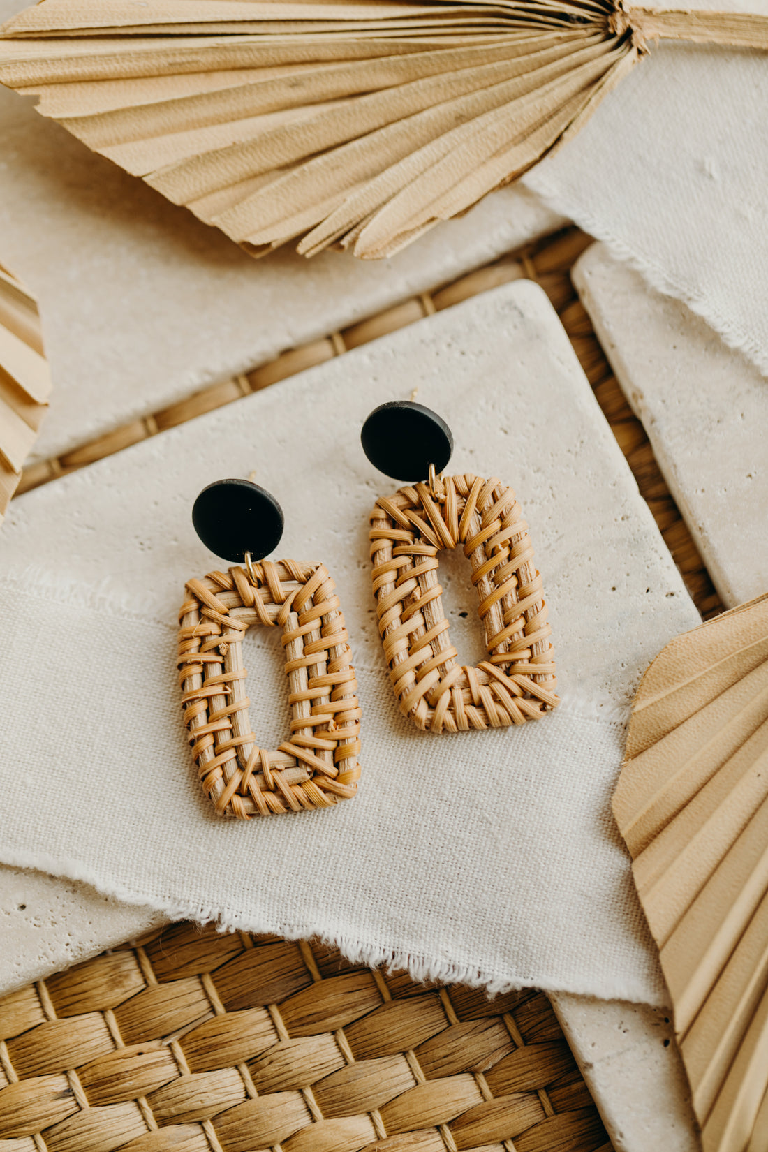 black polymer clay earrings with rattan pendant rectangle