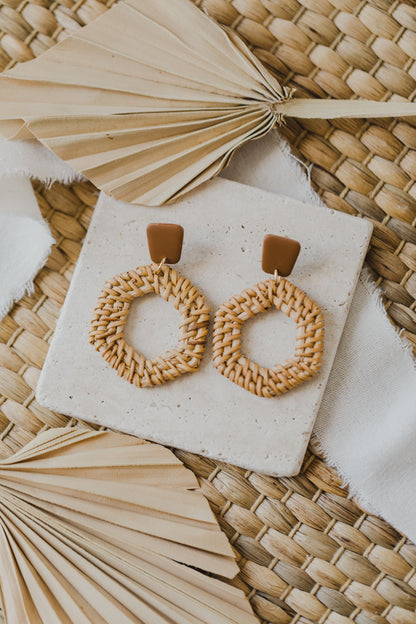 square polymer clay earrings in brown with rattan pendant hexagon