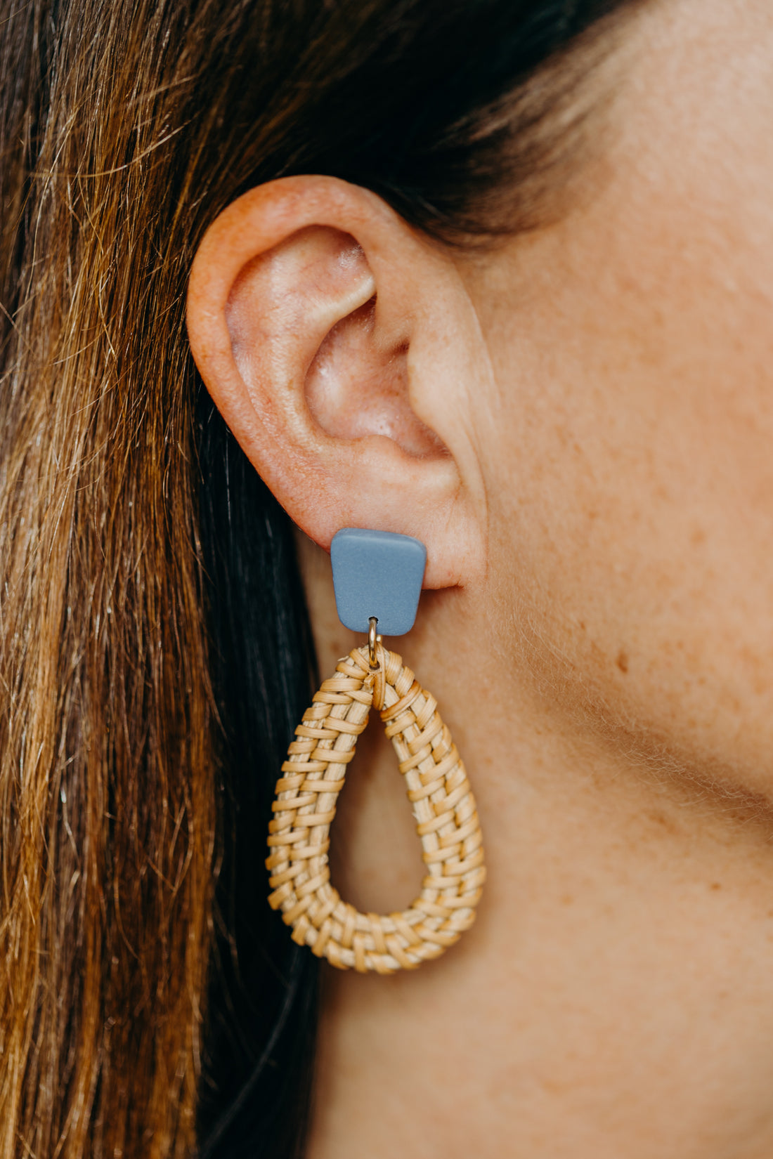 blue polymer clay earrings with rattan pendant drops