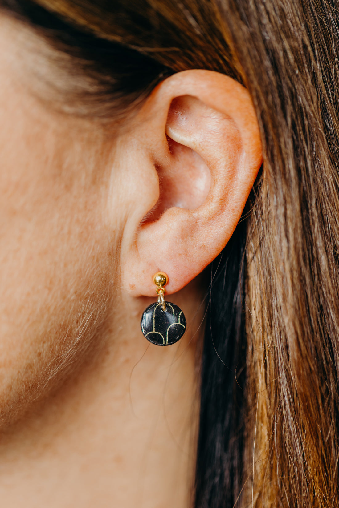 small round black polymer clay earrings