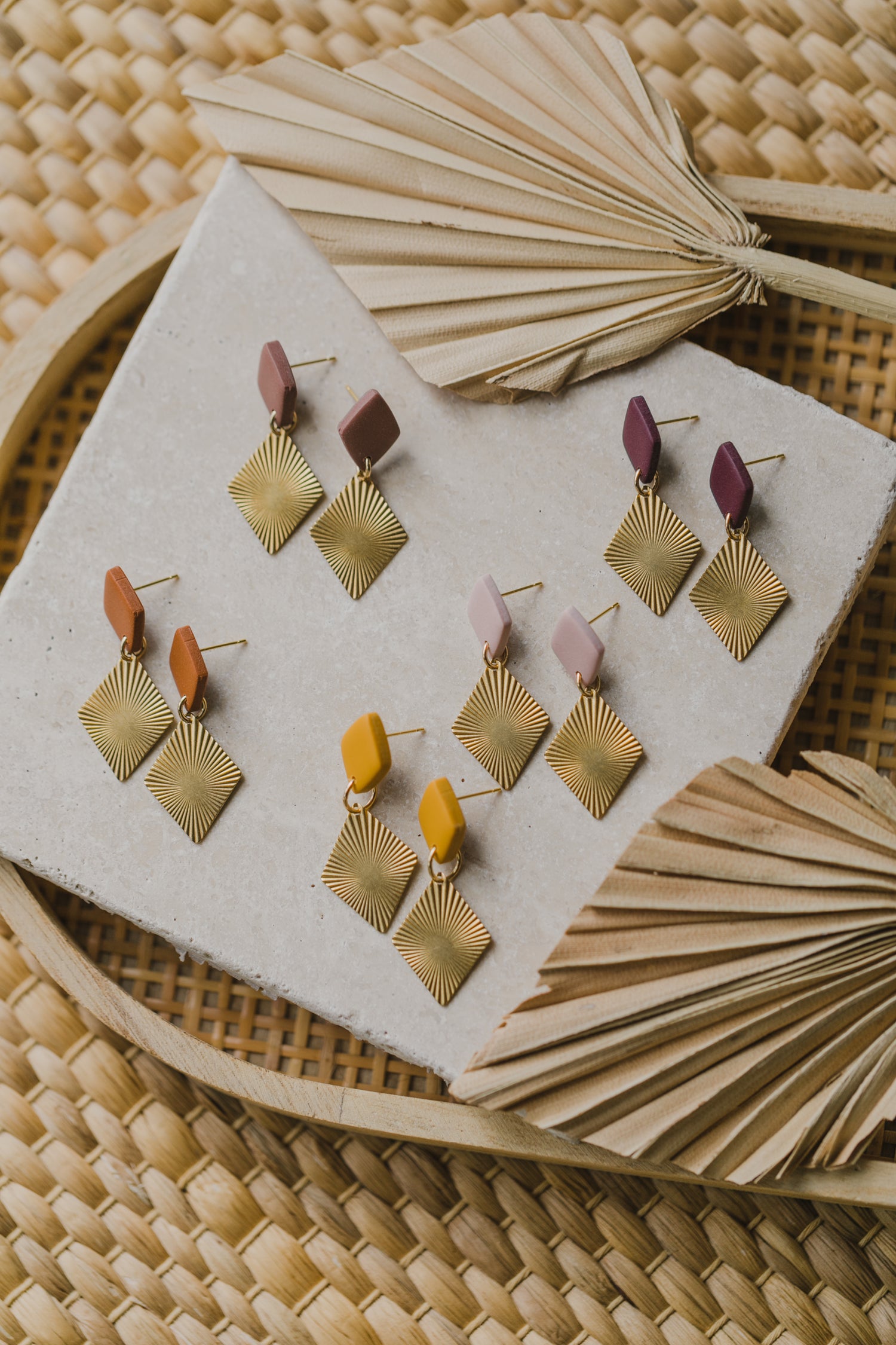 diamond-shaped polymer clay earrings with brass pendant