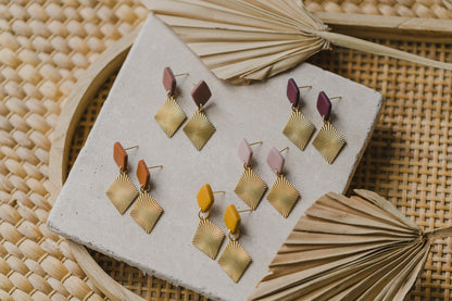 diamond-shaped polymer clay earrings with brass pendant