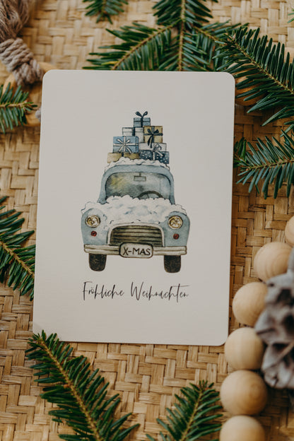 Weihnachtspostkarte blaues Auto mit Geschenken