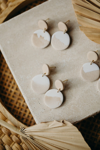 Hoop earrings with round polymer clay pendant and leaf